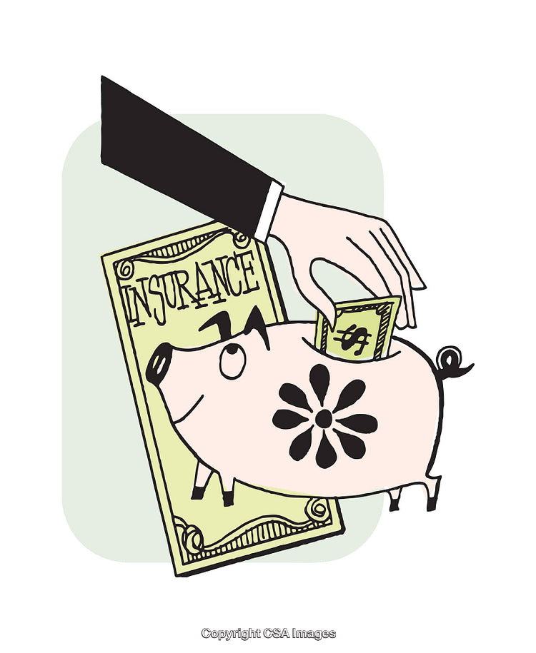 Illustration of a Hand Placing Money in a Piggy Bank for Insurance