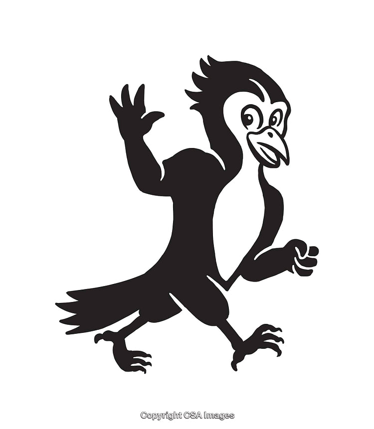 Black and White Cartoon Bird Character in Playful Pose