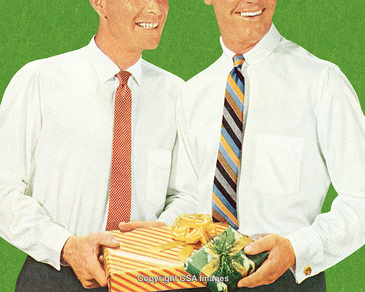 Classic Vintage Scene of Men Exchanging Holiday Gifts with Green Background