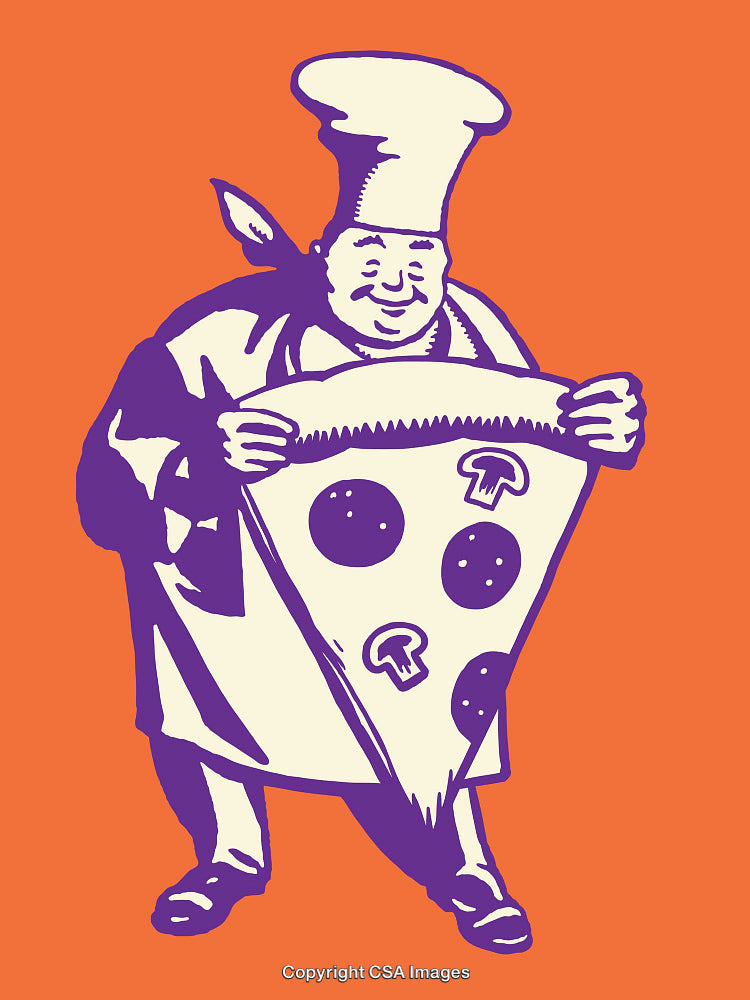 Chef Holding Pizza Slice Illustration in Vintage Style