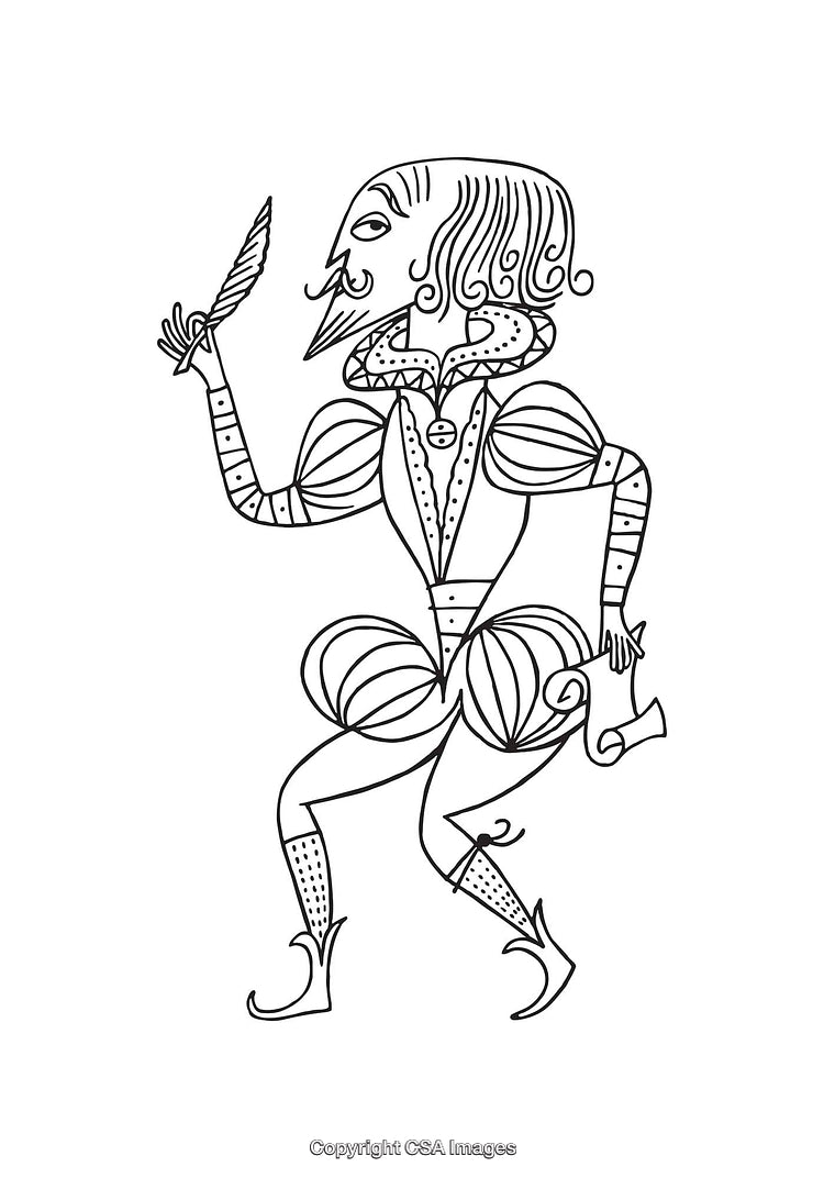 Black and White Line Art Illustration of a Renaissance Writer