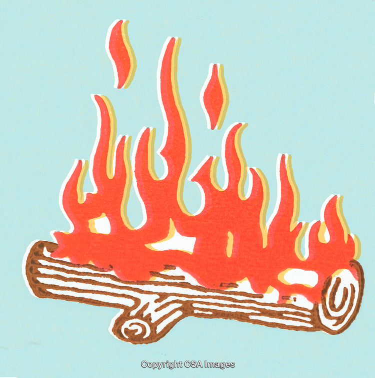 Brightly Colored Log with Red Flames Against a Sky Blue Background