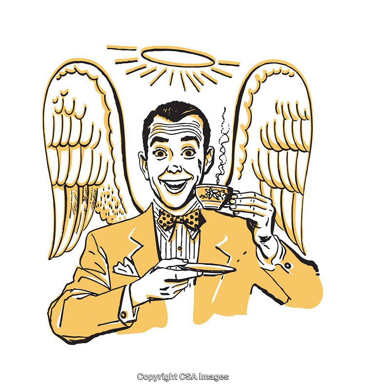 Illustration of a Cheerful Angelic Man Holding a Cup of Coffee