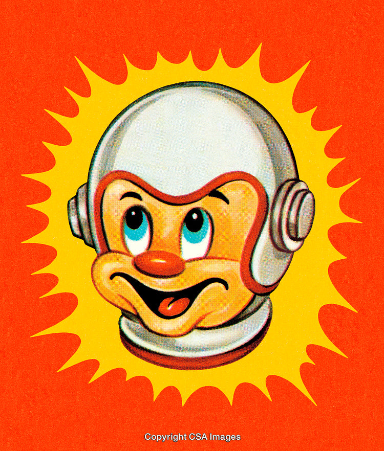 Playful Cartoon Space Character on a Vibrant Starburst Design
