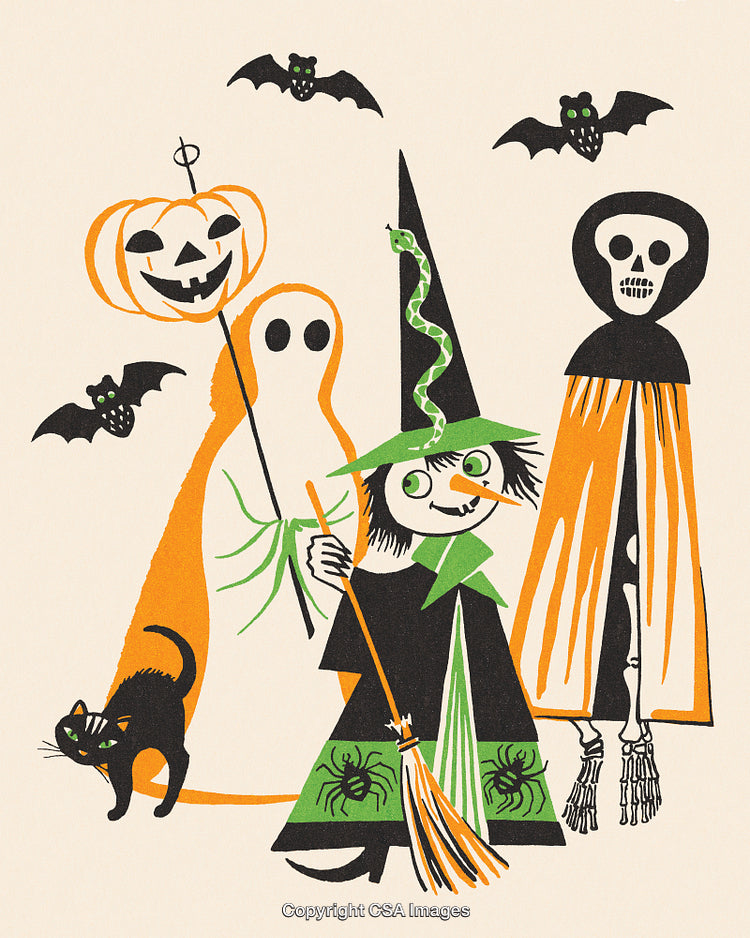 Vintage Halloween Illustration With Witch, Ghost, Skeleton, Black Cat, Bats, and Pumpkins