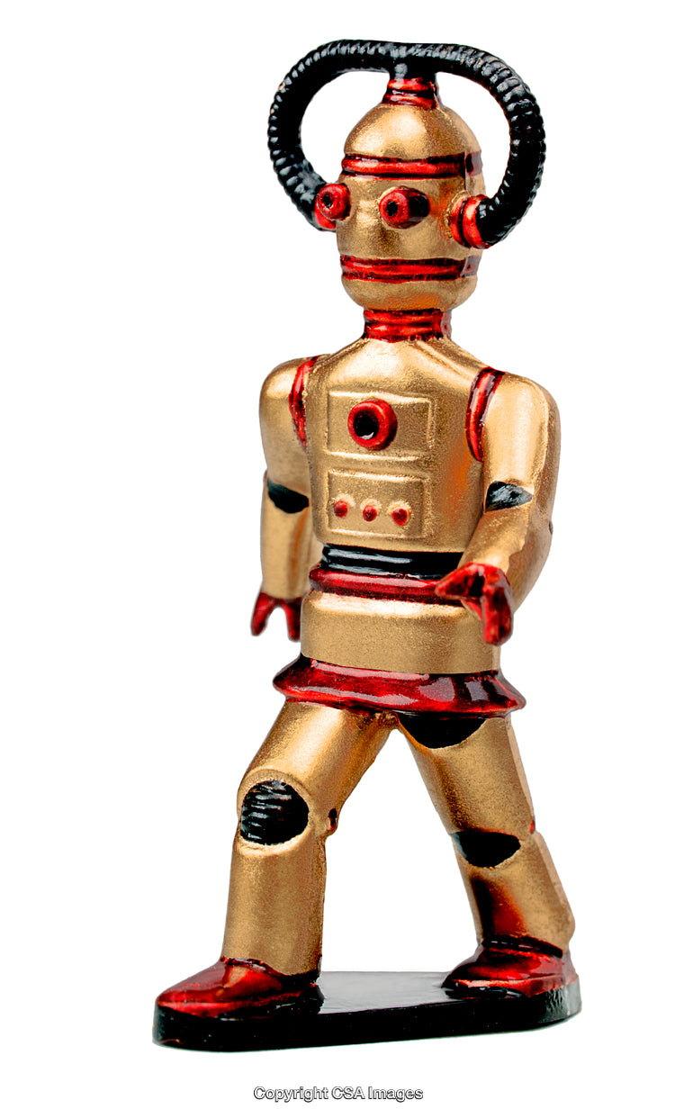 Vintage Metallic Robot Figure with Red Accents and Retro Design