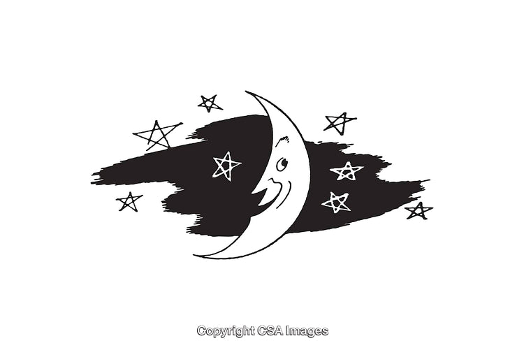 Moon and Stars Illustration in Black and White Art Design