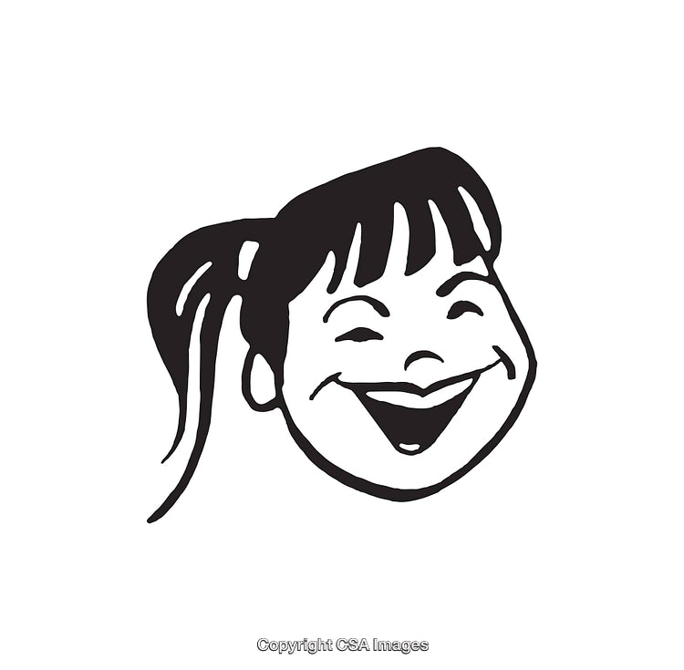 Black and White Illustration of a Smiling Girl with Ponytail
