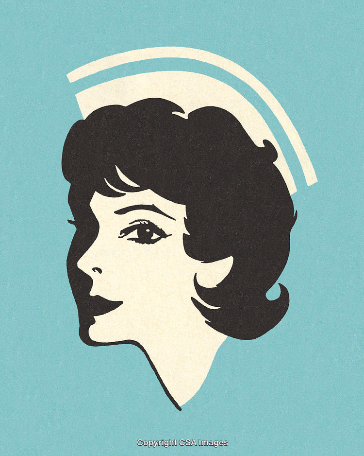 Retro Silhouette of a Female Nurse on a Blue Background