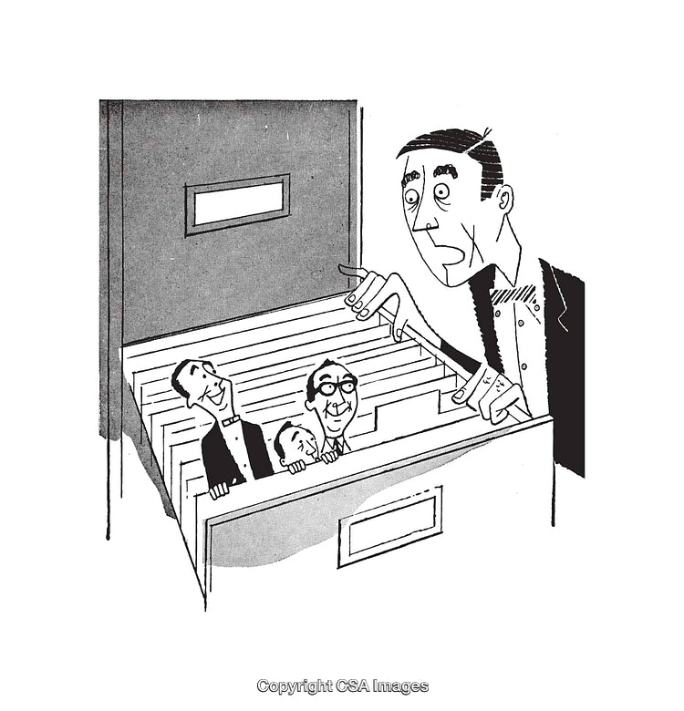 Black and White Illustration of Filing Cabinet with Surprised Characters