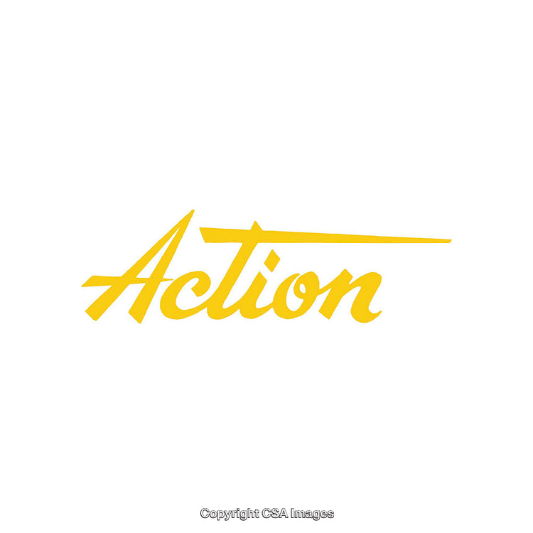 Yellow Action-Themed Calligraphic Text on White Background with Dynamic Styling