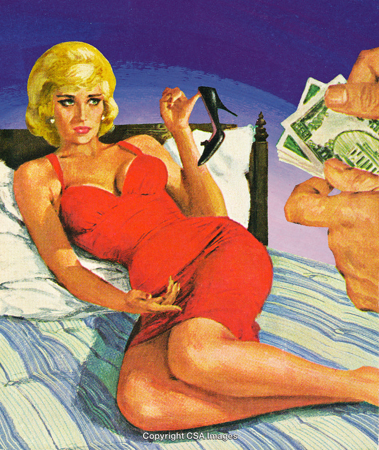 Vintage Art Depicting a Blonde Woman in Red Dress and Surreal Scenario