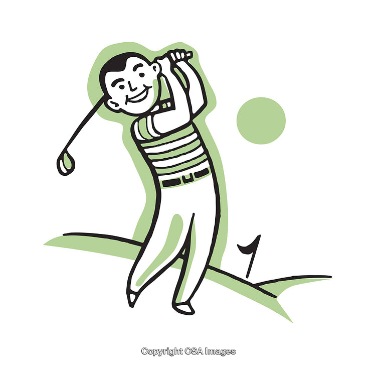 Cartoon Illustration of a Golfer Swinging in a Scenic Golf Course