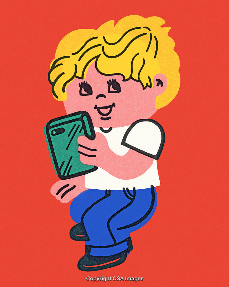 Illustration of a Child with a Smartphone on a Vibrant Red Background