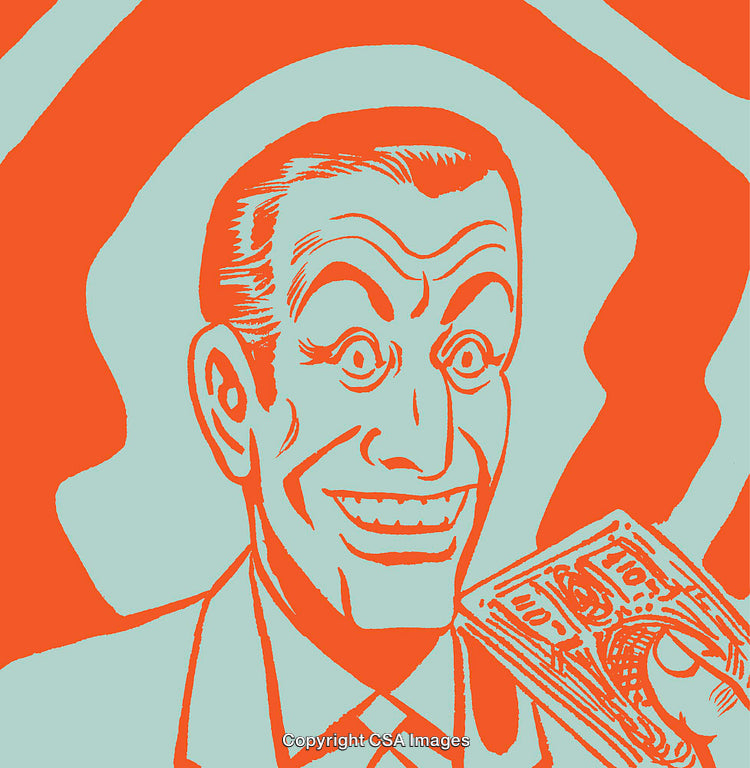 Retro Illustration of Joyful Man Holding Money in Vibrant Orange and Blue Design