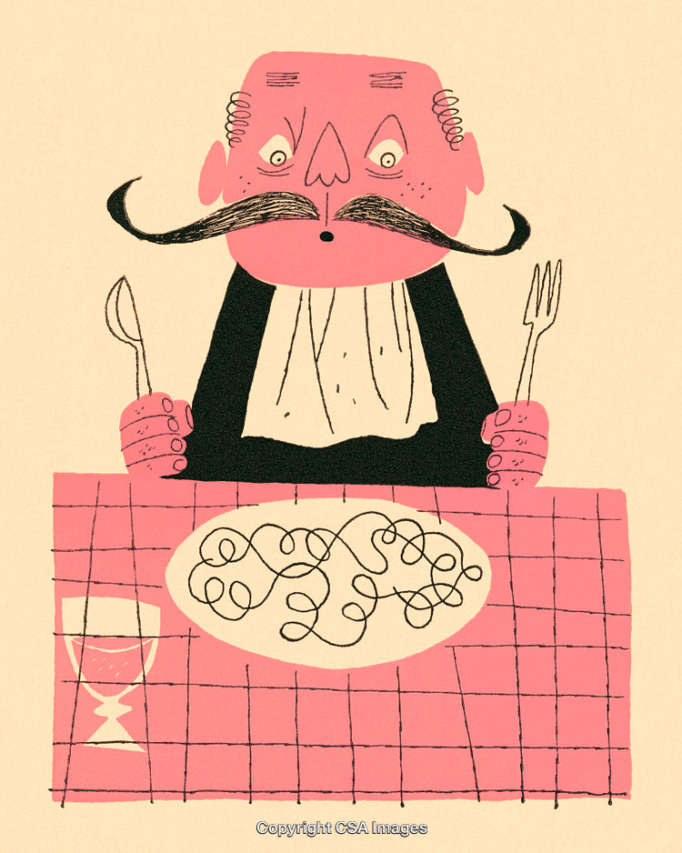 Illustration of a Surprised Diner Holding Cutlery at a Table with Food