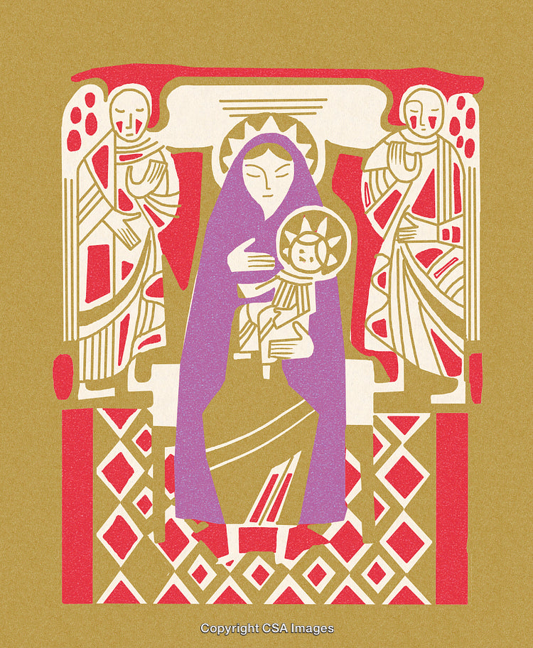 Colorful Religious Artwork Depicting a Madonna and Child with Angel Figures