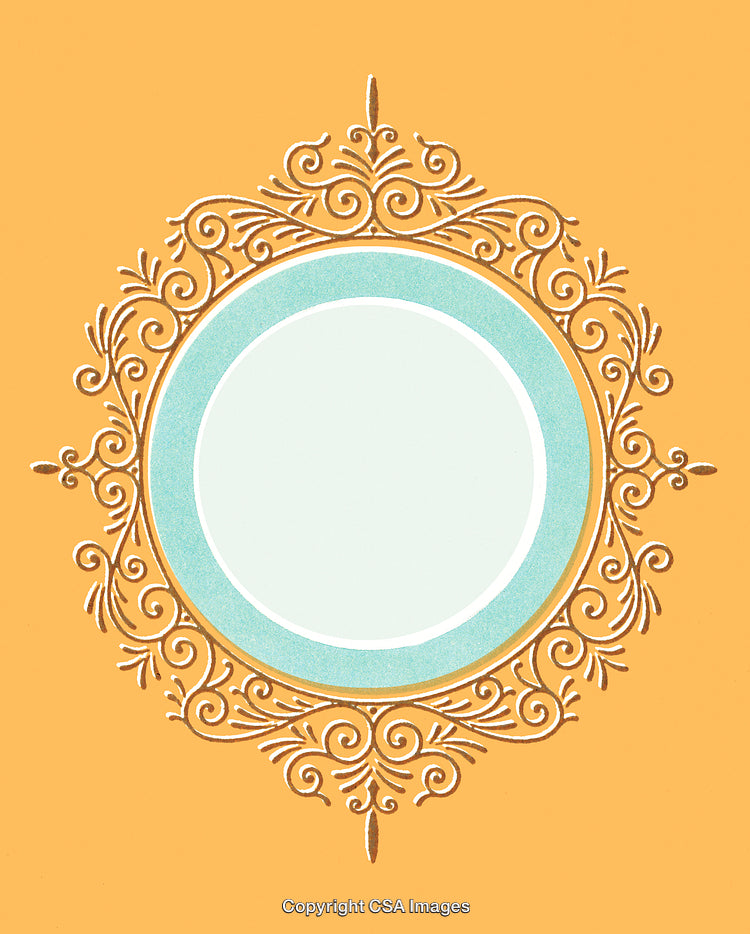 Decorative Ornate Frame with Golden Swirls and Light Aqua Accent