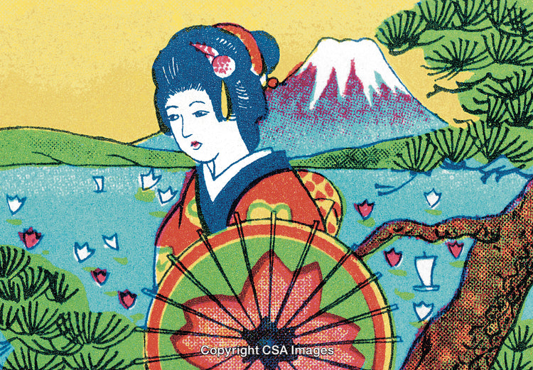 Traditional Japanese Artwork Featuring a Geisha with Mount Fuji in the Background