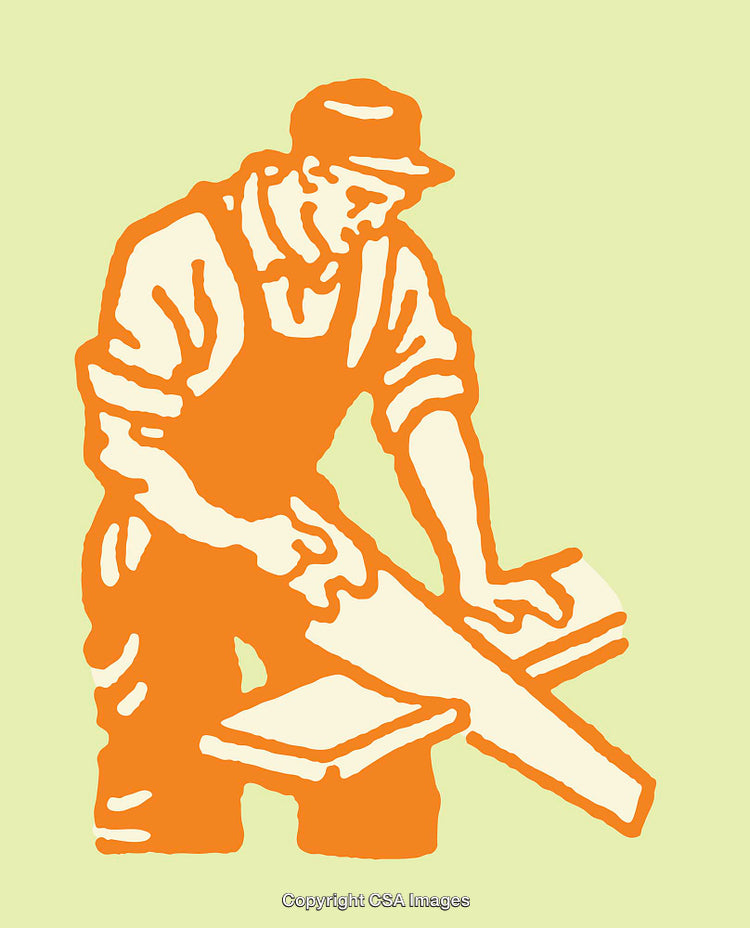 Vintage Illustration of a Carpenter Working on Wood in Line Art Style