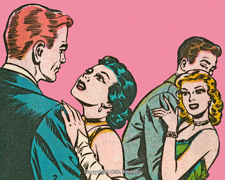 Retro Comic Style Illustration of Dancing Couples with Vibrant Colors
