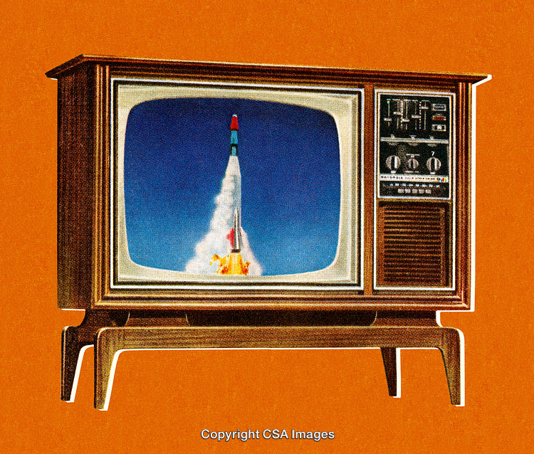 Retro Television Showing Rocket Launch Against Orange Backdrop