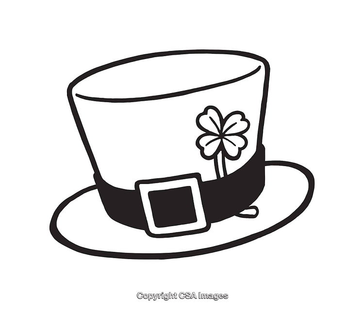 Black and White Line Art of a Decorative Hat with Shamrock Design
