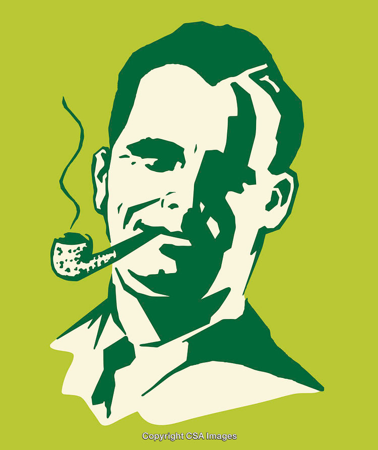 Retro Style Green Line Art of Man Smoking Pipe
