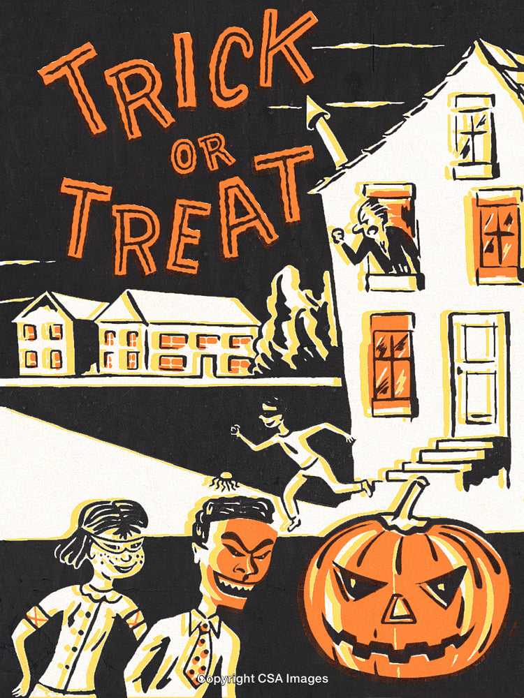 Halloween Trick-or-Treat Scene with Jack-o’-Lantern and Children in Costumes