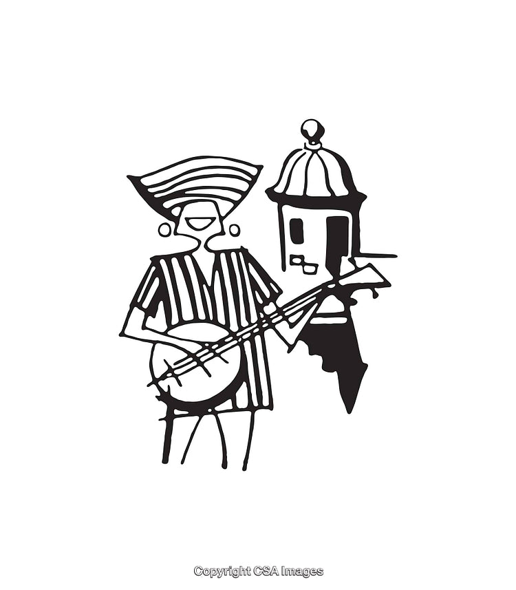 Traditional Musician Playing Guitar in Black and White Line Art Illustration