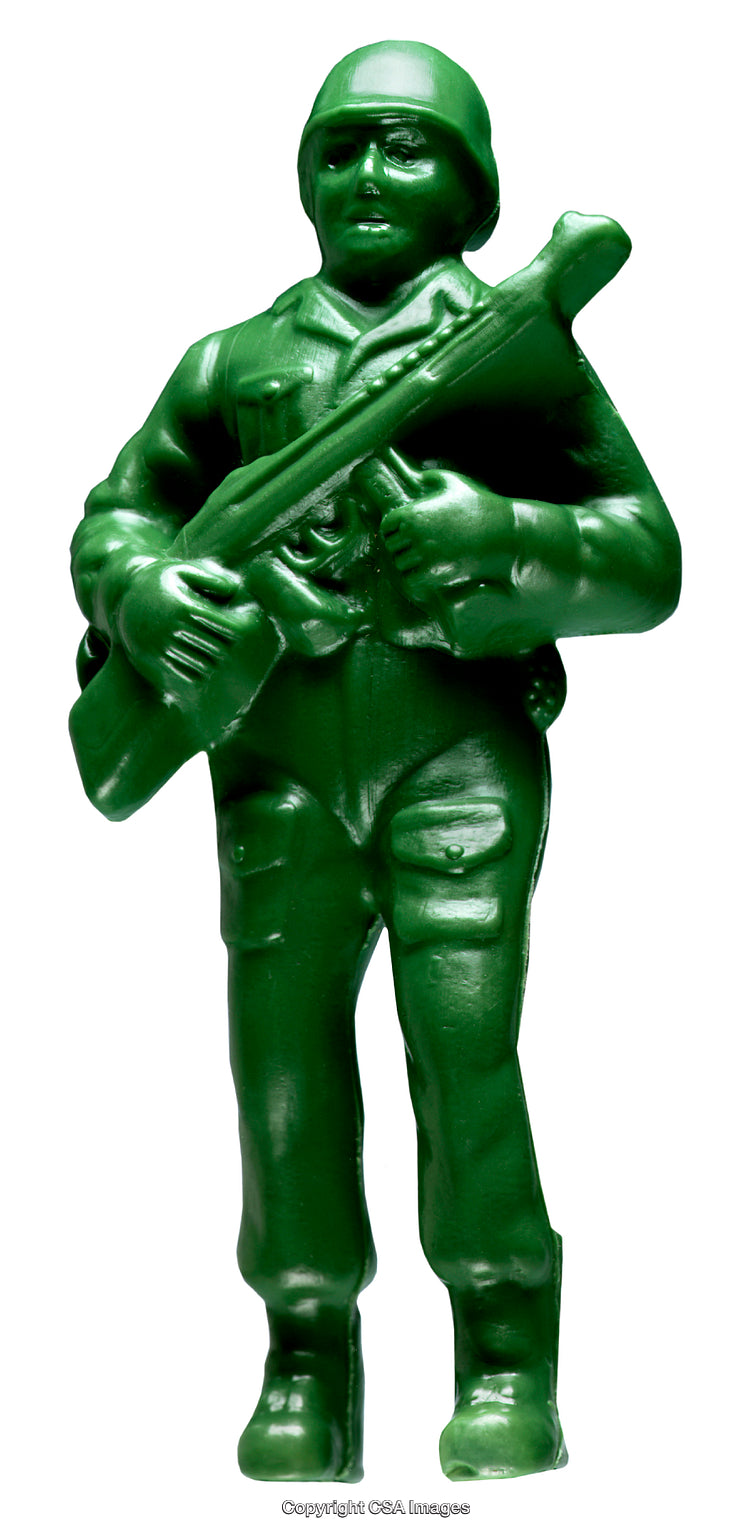 Green Toy Soldier Figurine Isolated on White Background Standing with Rifle in Hand
