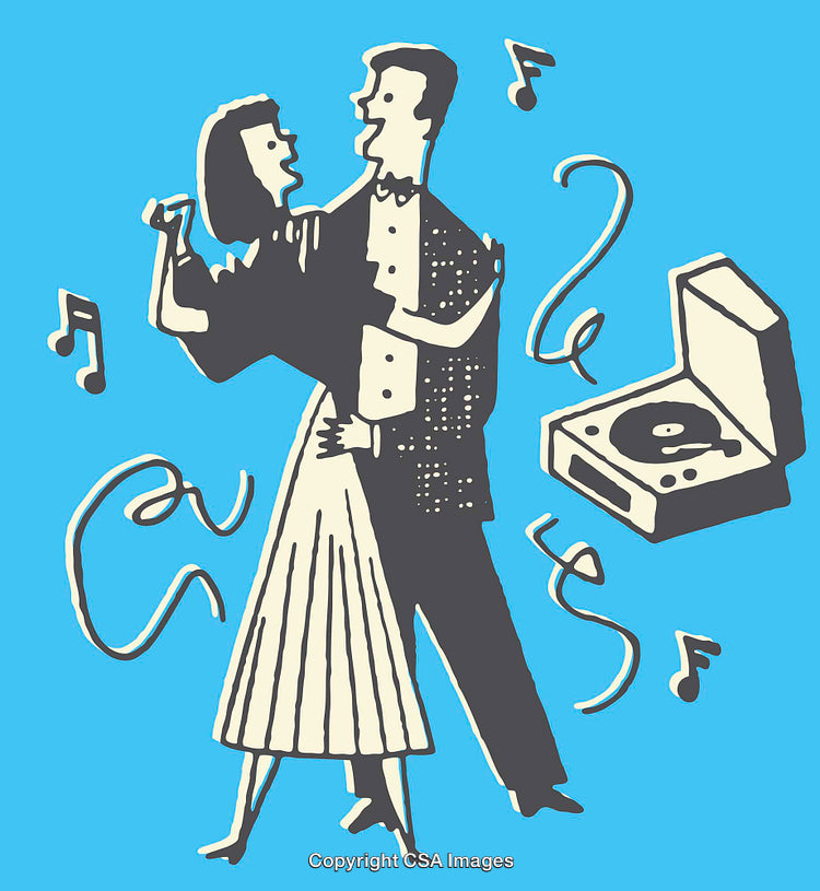 Retro Styled Drawing of Dancing Couple with Record Player and Musical Notes
