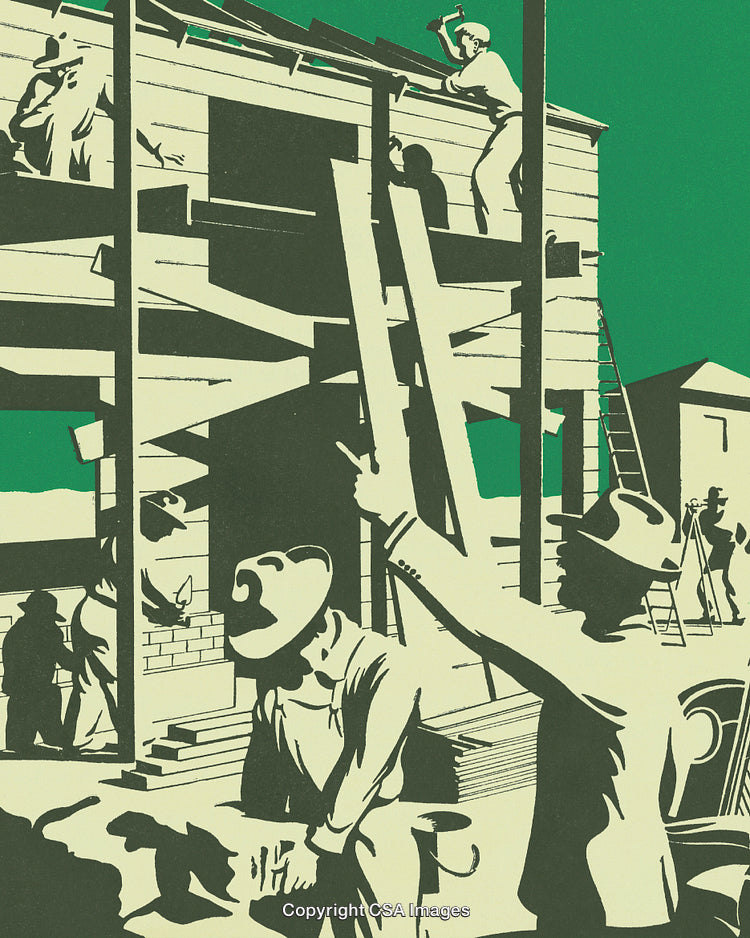 Workers Constructing a Building Representation in Retro Art Style Illustration