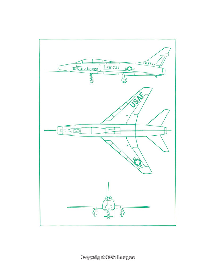 Detailed Diagram of Military Aircraft with Multiple Side Views