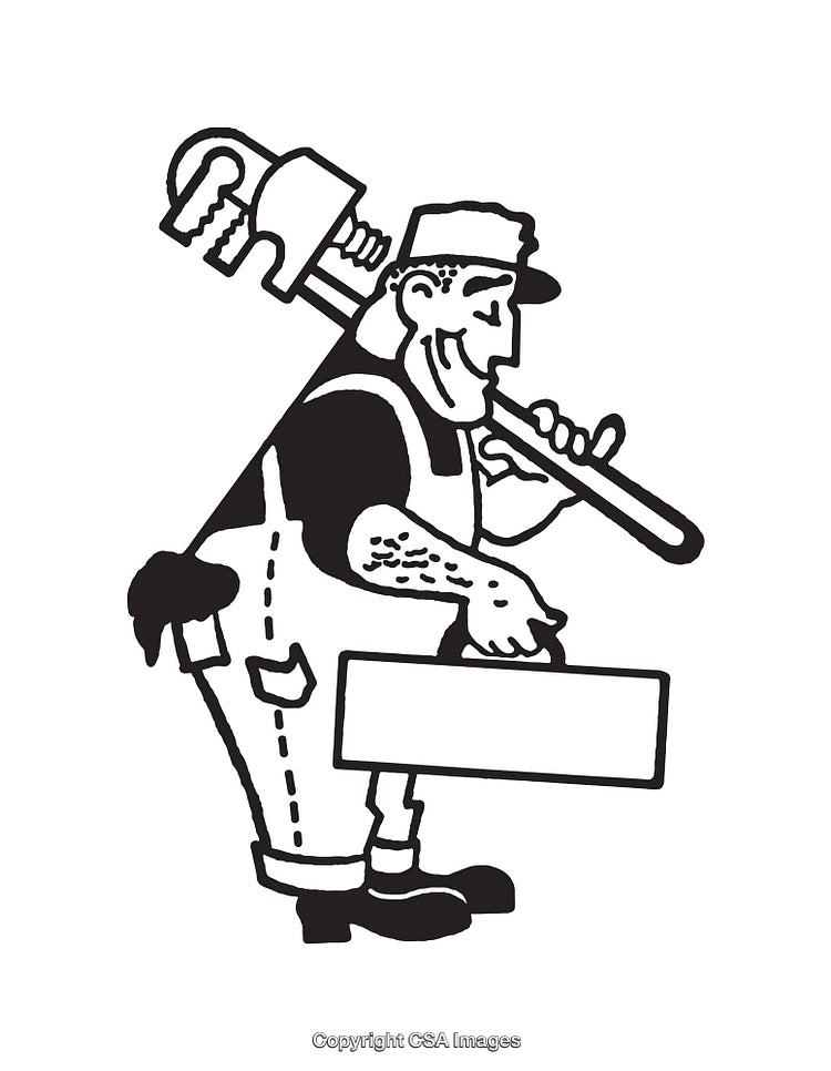 Black And White Line Art Illustration of a Cartoon Style Plumber