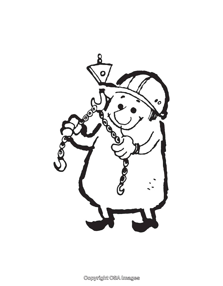 Black and White Line Art of Worker with Hooks and Chains