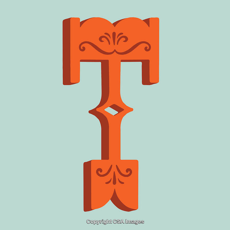 Ornate Letter T in Bold Orange with Decorative Elements on Blue Background