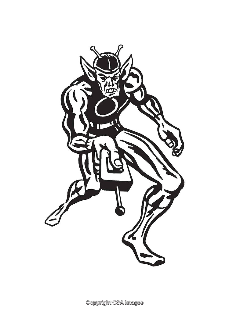 Black and White Alien Line Art Illustration with Retro Futuristic Design