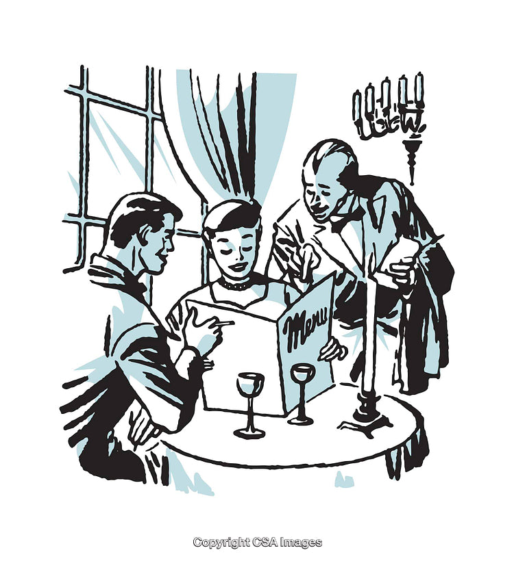 Vintage Illustration of a Couple in a Fancy Restaurant Setting