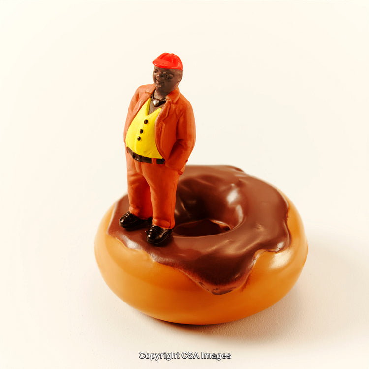 Miniature Worker Standing on a Chocolate Glazed Doughnut Figurine Scene