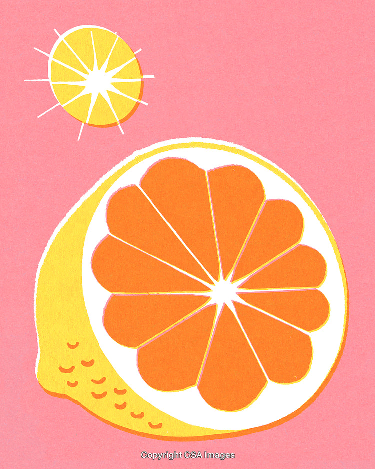Bright Illustration of a Citrus Fruit Slice and Sun on Pink Background