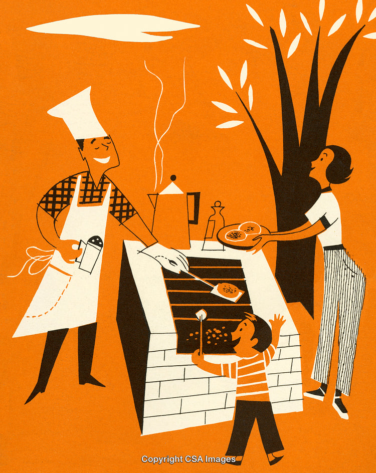 Illustration of Family Cooking Outdoors with Barbecue and Cheerful Atmosphere