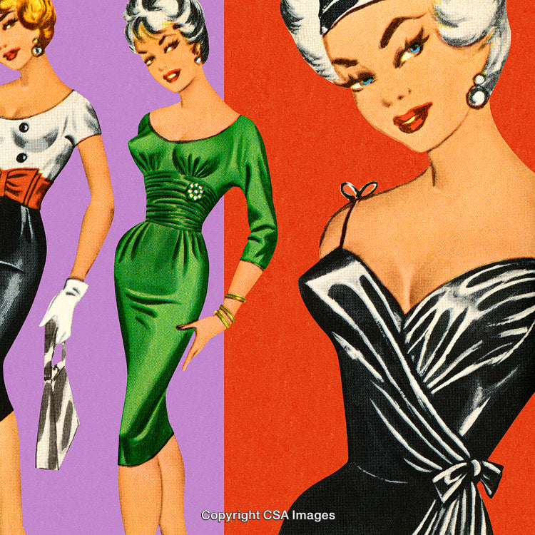 Stylish Retro Fashion Illustration Featuring Elegant Vintage Dresses and Accessories