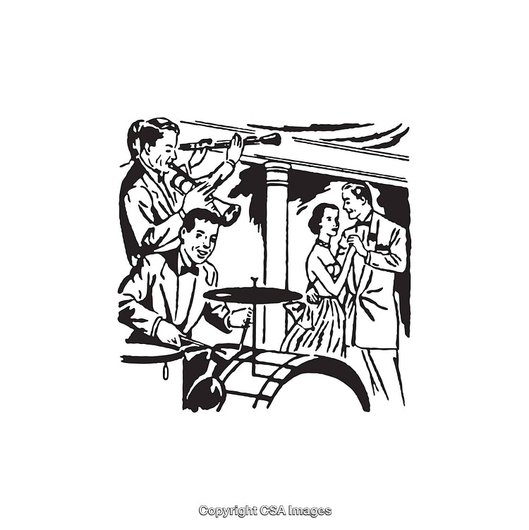 Black and White Line Art of a Vintage Dance and Musical Band Scene