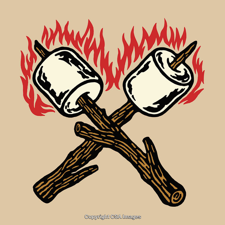 Crossed Flaming Marshmallows on Sticks Over Red Flames