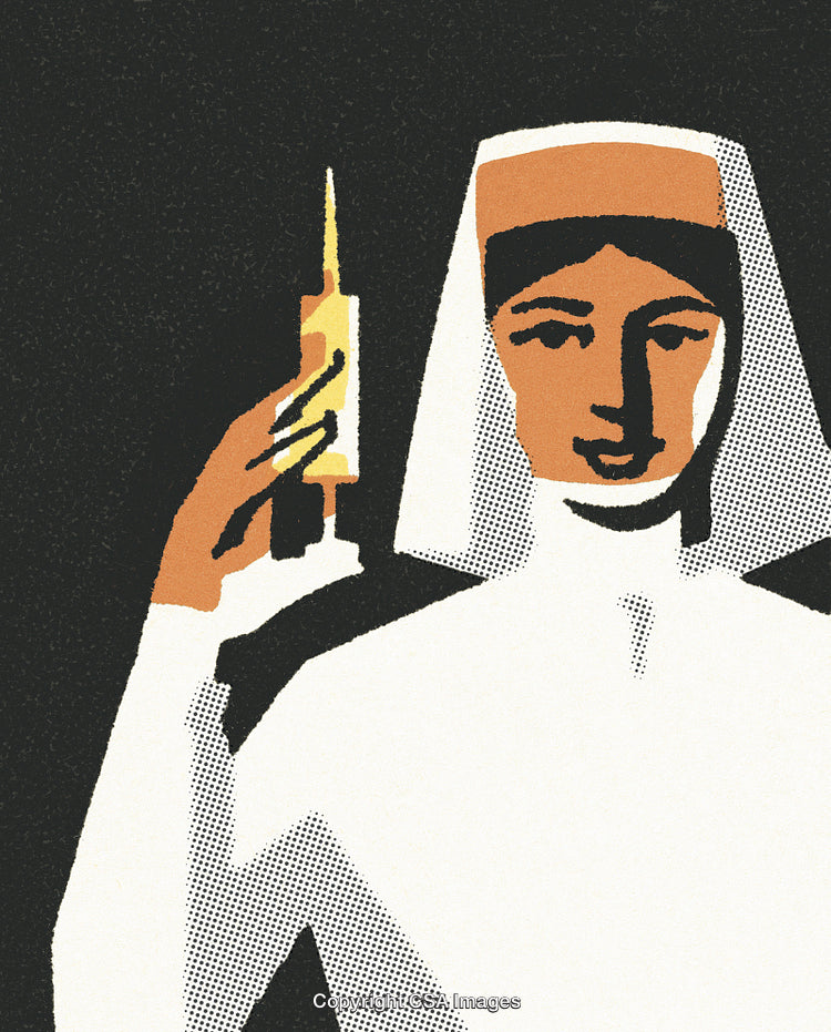Retro Illustration of a Nurse Holding a Syringe Device on Dark Background