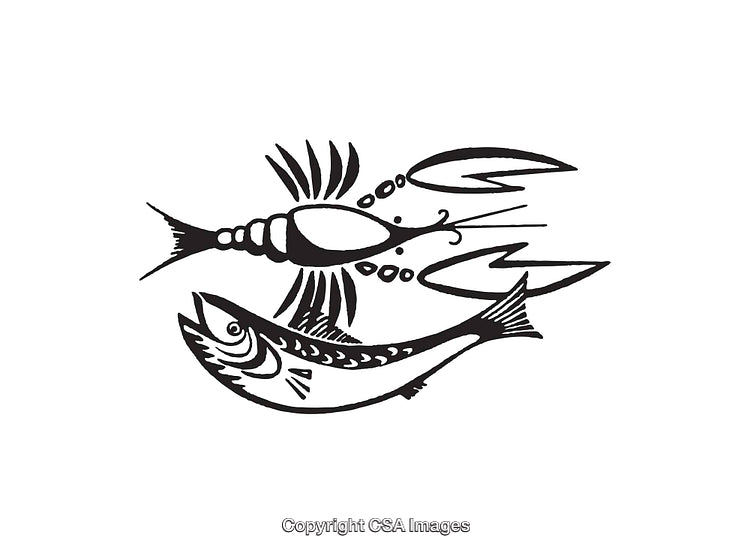 Black and White Illustration of Fish and Crustacean Line Art Design