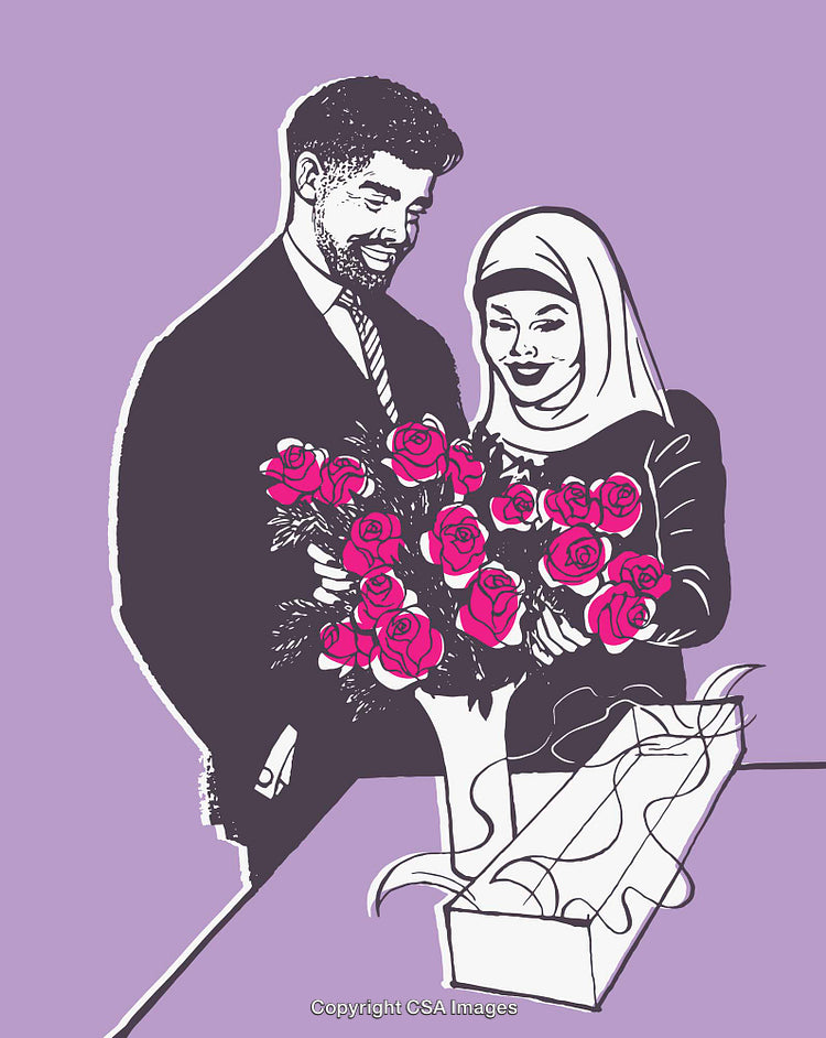 Romantic Couple Admiring Roses in a Purple Color Line Art Illustration