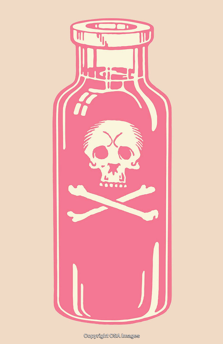 Pink Poison Bottle Illustration with Skull and Crossbones Symbol