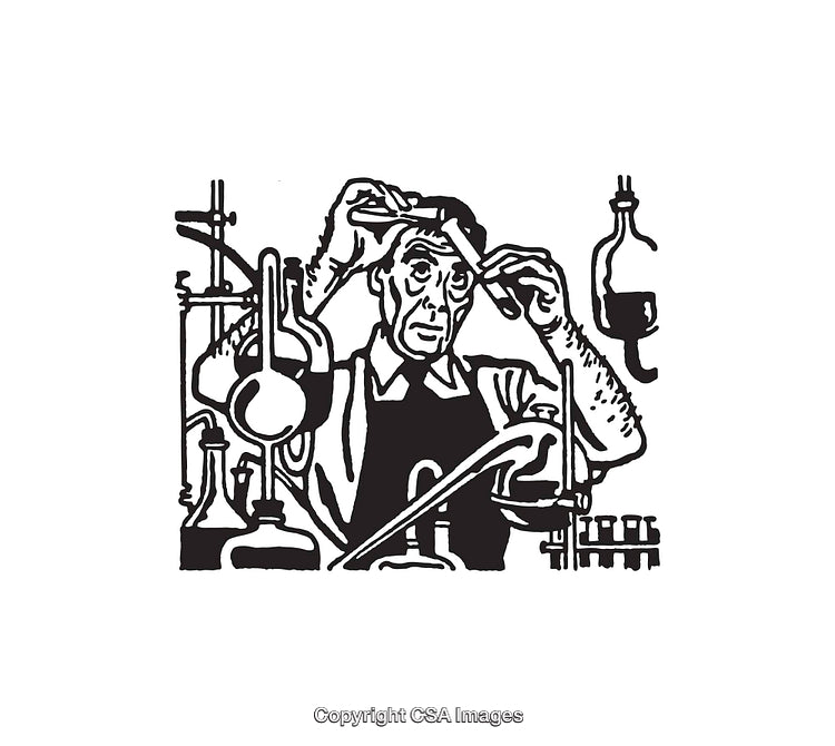 Black and White Line Art of a Scientist in His Laboratory